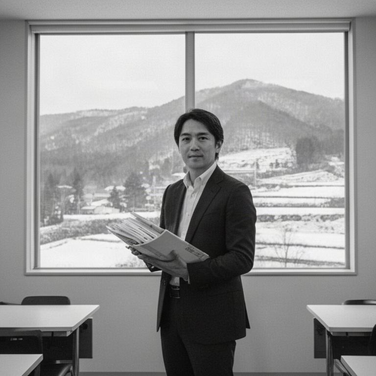 山形県新庄市の研修室で資料を手に立つ講師、窓の外に雪の残る里山