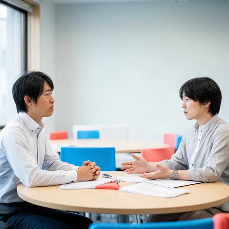 山形県の研修室で管理者が評価面談のロールプレイを行う様子