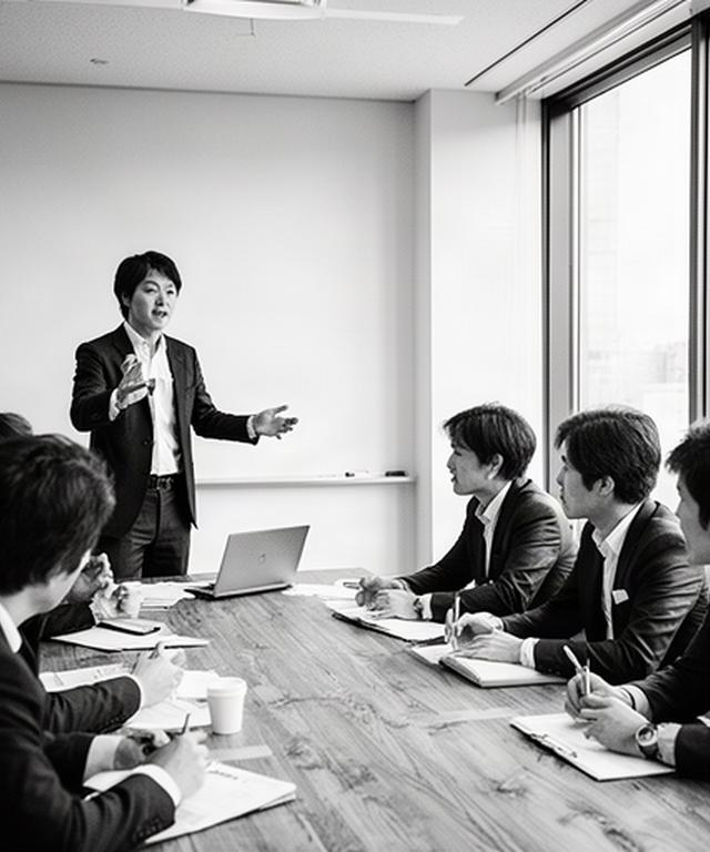 木製テーブルの前でプレゼンテーションを行う講師と集中して聞く管理職の研修風景