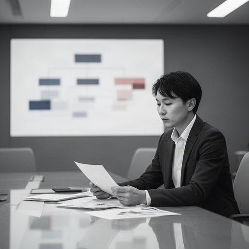会議室で人事資料を確認するコンサルタント講師、後ろに組織図